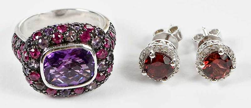 Appraisal: kt Gemstone Ring and Pair Sterling Earrings ring with cushion