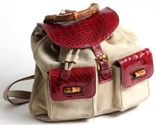 Appraisal: Gucci Suede Alligator Backpack The bamboo handle surmounting the lined