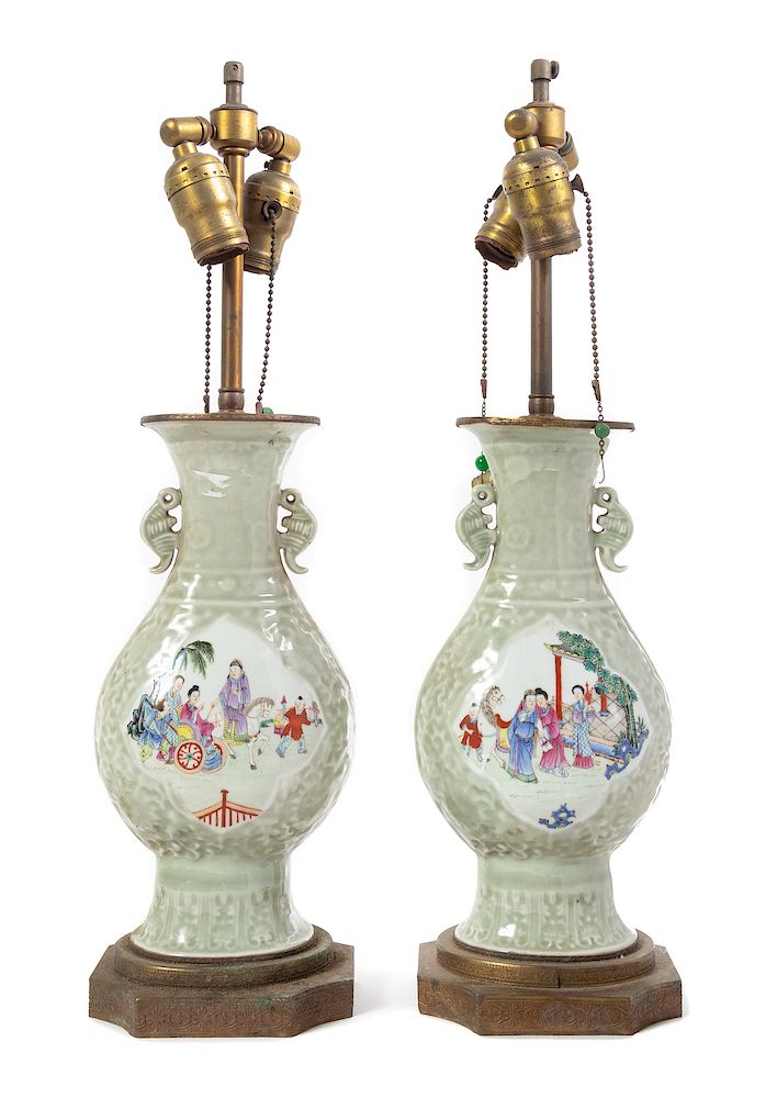 Appraisal: A Pair of Celadon Ground Famille Rose Porcelain Vases Each