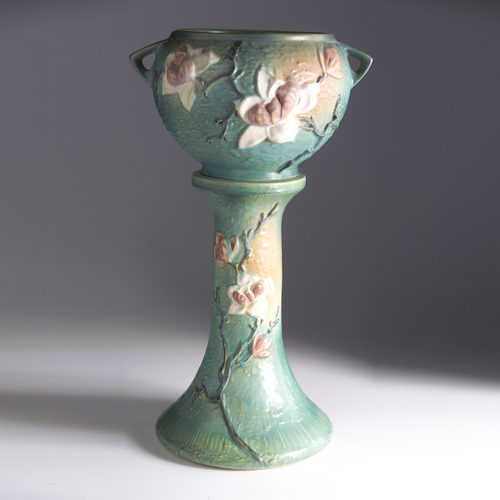 Appraisal: ROSEVILLE Green Magnolia jardiniere - and pedestal set Fleck to