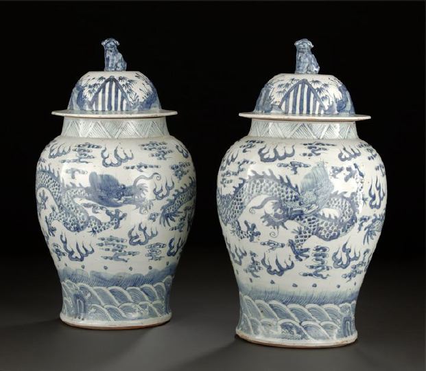 Appraisal: Large Pair of Chinese Blue and White Porcelain Covered Temple