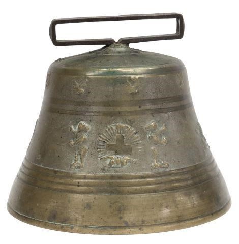 Appraisal: Large Swiss bronze and iron cow bell showing a heraldic