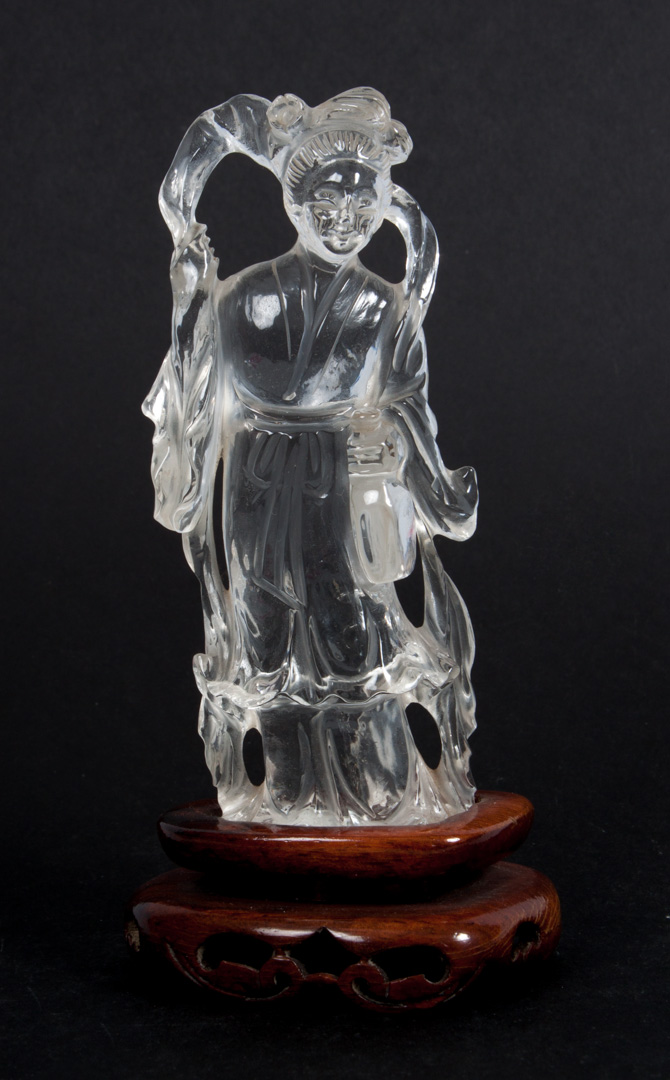 Appraisal: Chinese carved rock crystal female figure mounted on wood base