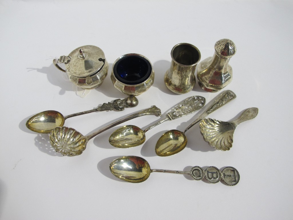 Appraisal: A lot comprising a three piece silver condiment set Birmingham