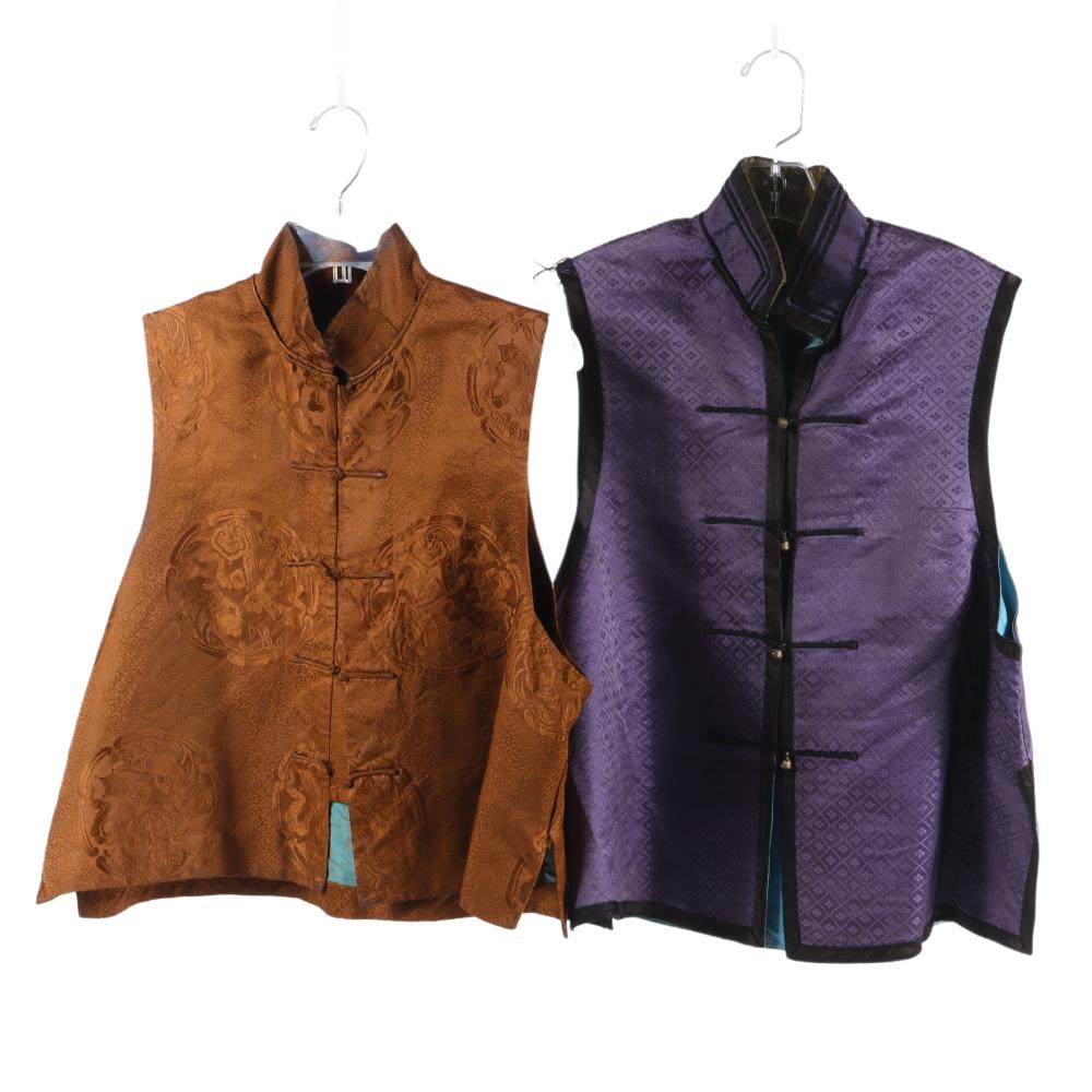 Appraisal: TWO CHINESE SILK VESTS PURPLE VEST WITH TEXTURED BRASS BUTTONS