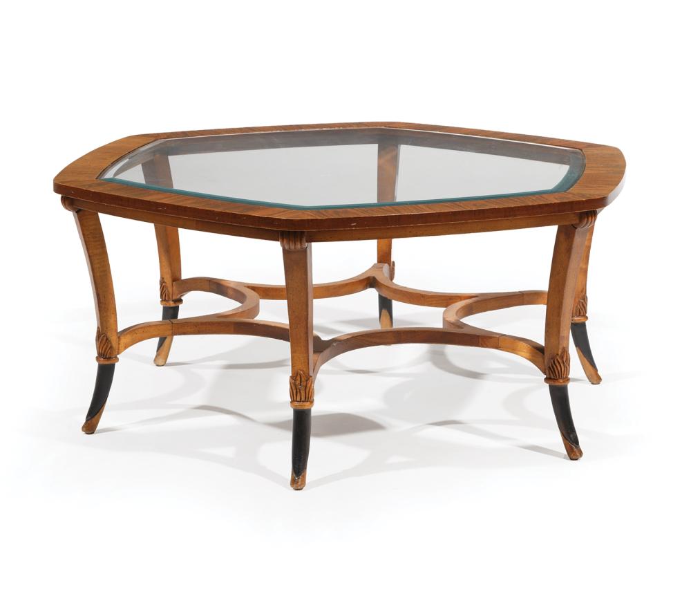 Appraisal: Continental Carved and Parcel-Ebonized Walnut Low Table hexagonal inset beveled