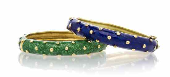 Appraisal: A Pair of Karat Yellow Gold and Enamel Hinged Bangles