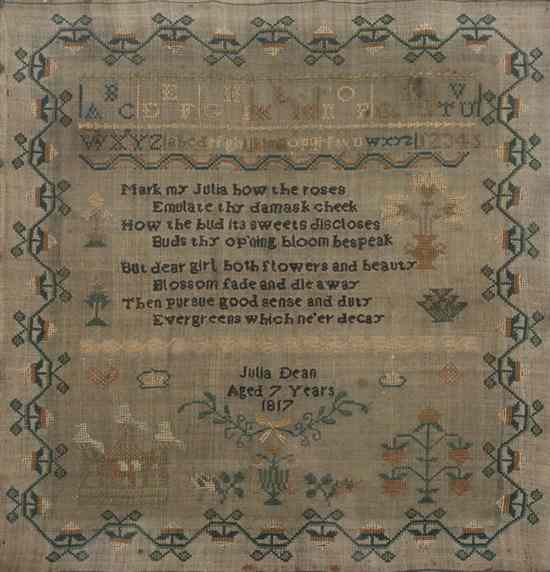 Appraisal: SCHOOLGIRL NEEDLEWORK SAMPLER worked by Julia Dean years old The