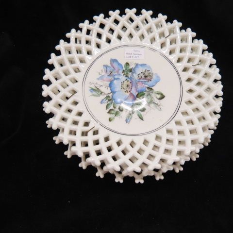 Appraisal: Handpainted Milk Glass Plates florals open basketweave borders excellent