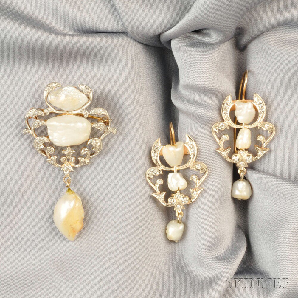 Appraisal: Freshwater Pearl Suite the pendant brooch set with rose-cut diamonds