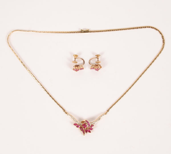 Appraisal: Gold K necklace and earrings set with total marquise rubies