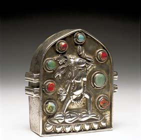 Appraisal: TIBETAN SILVER PRAYER BOX Tibetan silver prayer box with repouss