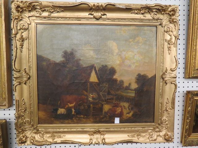 Appraisal: th Century Oil Dutch farm scene with chickens cows pigs