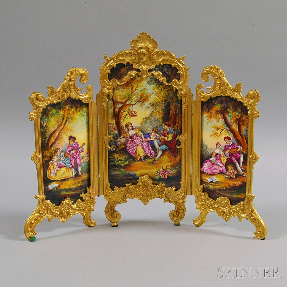 Appraisal: Rococo-style Enamel and Gilt-metal Miniature Screen th th century with