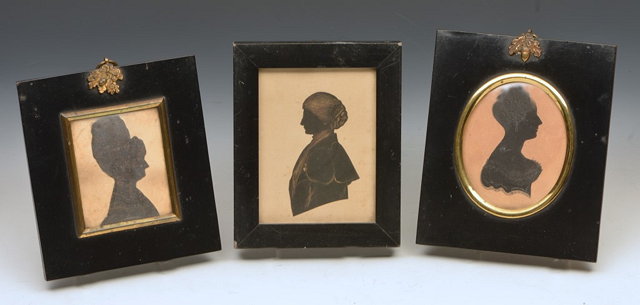 Appraisal: THREE TH CENTURY SILHOUETTE STUDIES each in their original ebonised