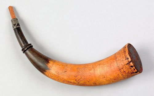 Appraisal: Engraved powder horn dated inscribed Jonathan Conant decorated with animals