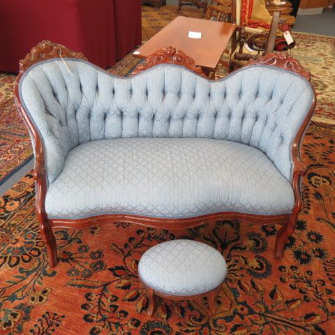 Appraisal: Carved Mahogany Child's Sofa and Stool blue tufted diamond material