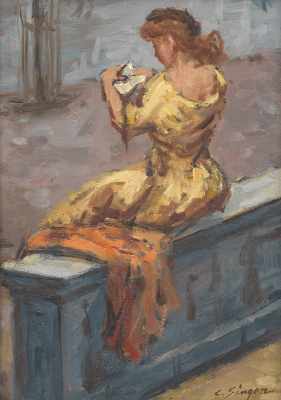 Appraisal: Clyde J Singer American - Girl Sitting on Wall Oil