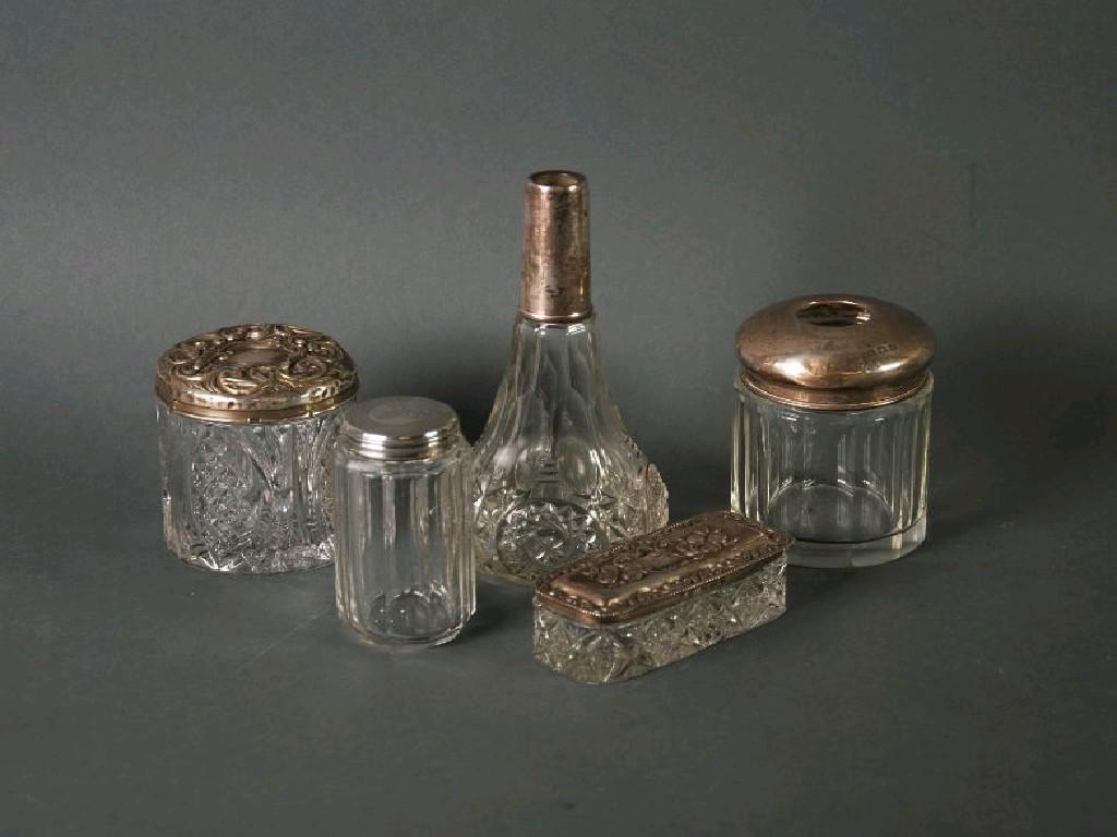 Appraisal: THREE CUT GLASS DRESSING TABLE RECEIVERS with silver lids TOGETHER