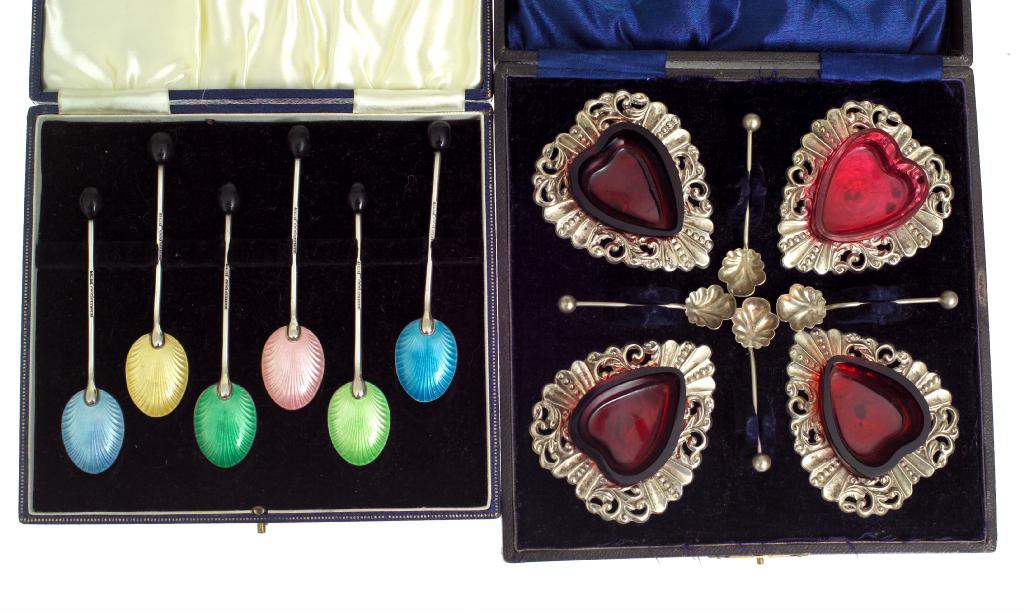 Appraisal: CASED SET OF SIX SILVER AND ENAMELLED COFFEE SPOONS Birmingham