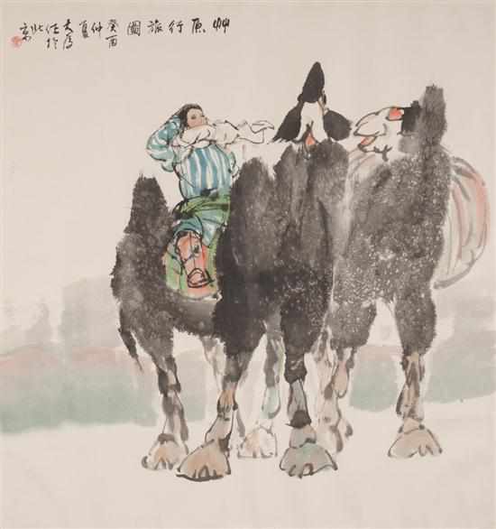 Appraisal: Chinese School th century Woman with Camels ink on rice