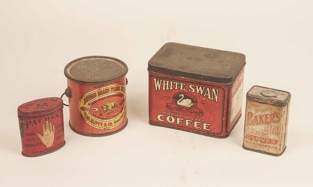 Appraisal: Four Tin Containers Four assorted tin containers comprising a White