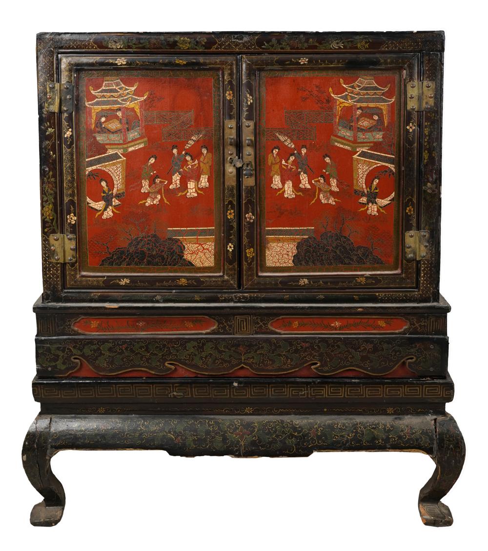 Appraisal: ANTIQUE CHINESE LACQUERED PAINTED CABINET ON STANDProvenance Property from a