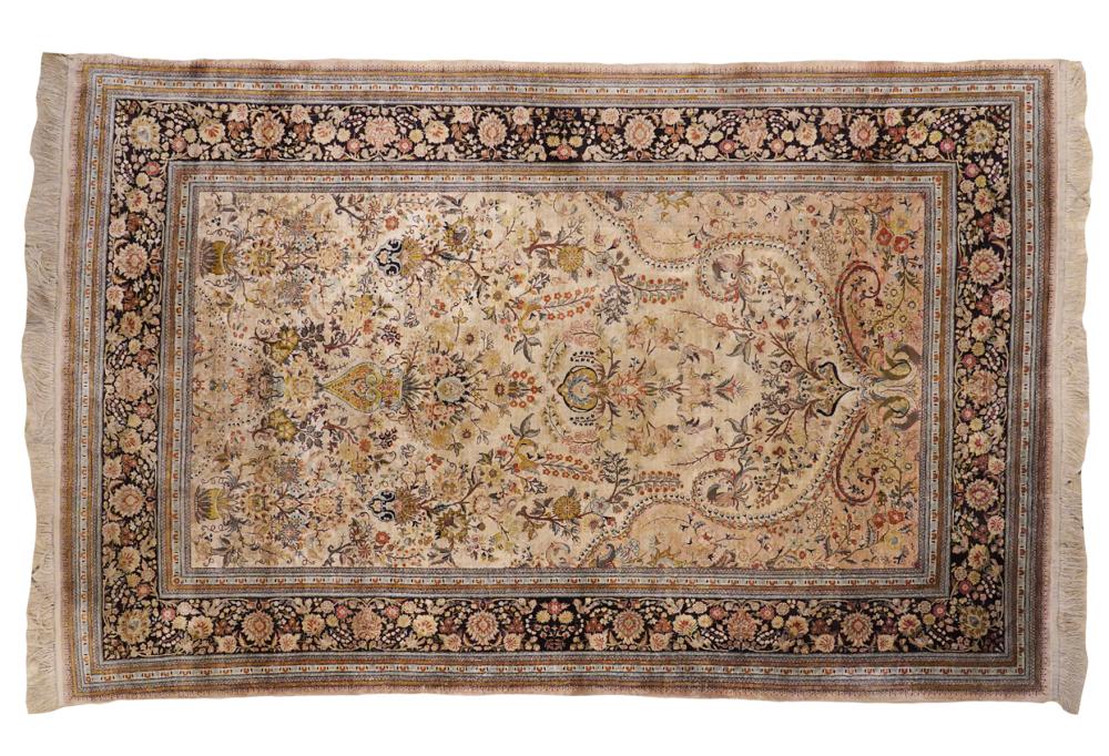 Appraisal: PERSIAN SILK RUG IN MUTED COLORS WITH FRINGEPersian silk rug