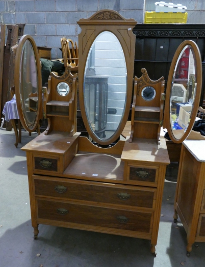 Appraisal: Edwardian satan walnut triple mirrored dressing table