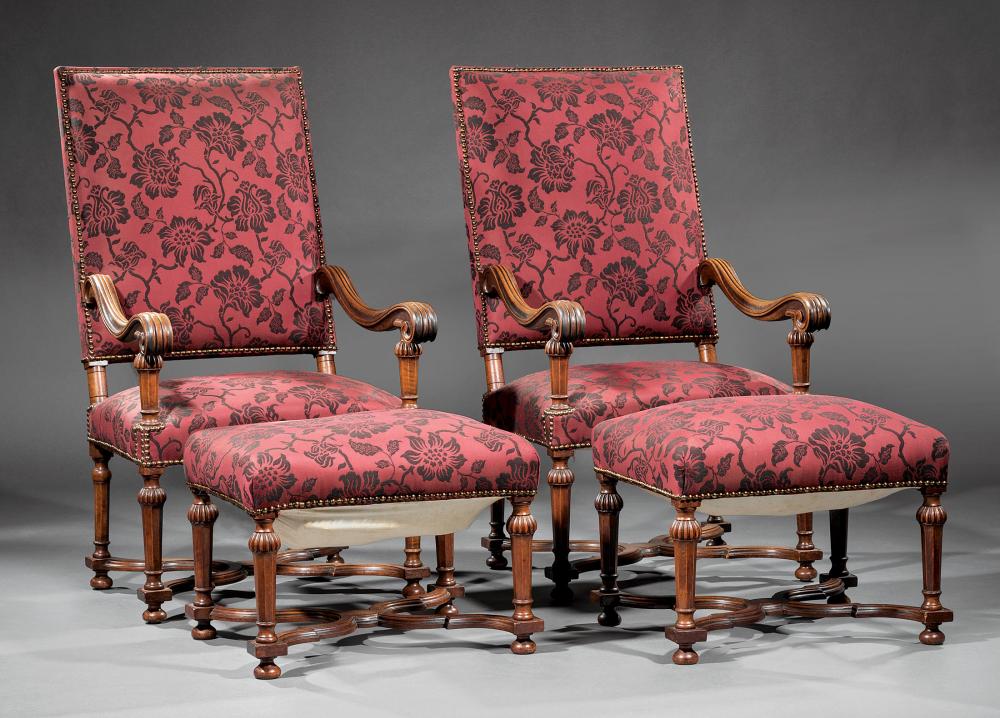 Appraisal: Pair of Louis XIV-Style Carved Mahogany Fauteuils a la Reine