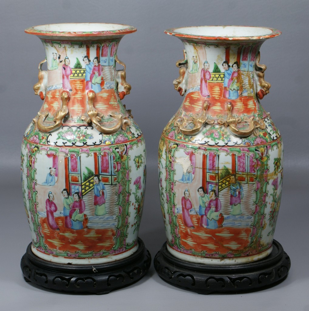 Appraisal: Pr Rose Medallion vases applied dragon handles one with extensive