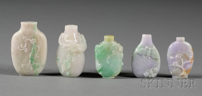 Appraisal: Five Snuff Bottles three pear-shaped bottles a pair of lavender