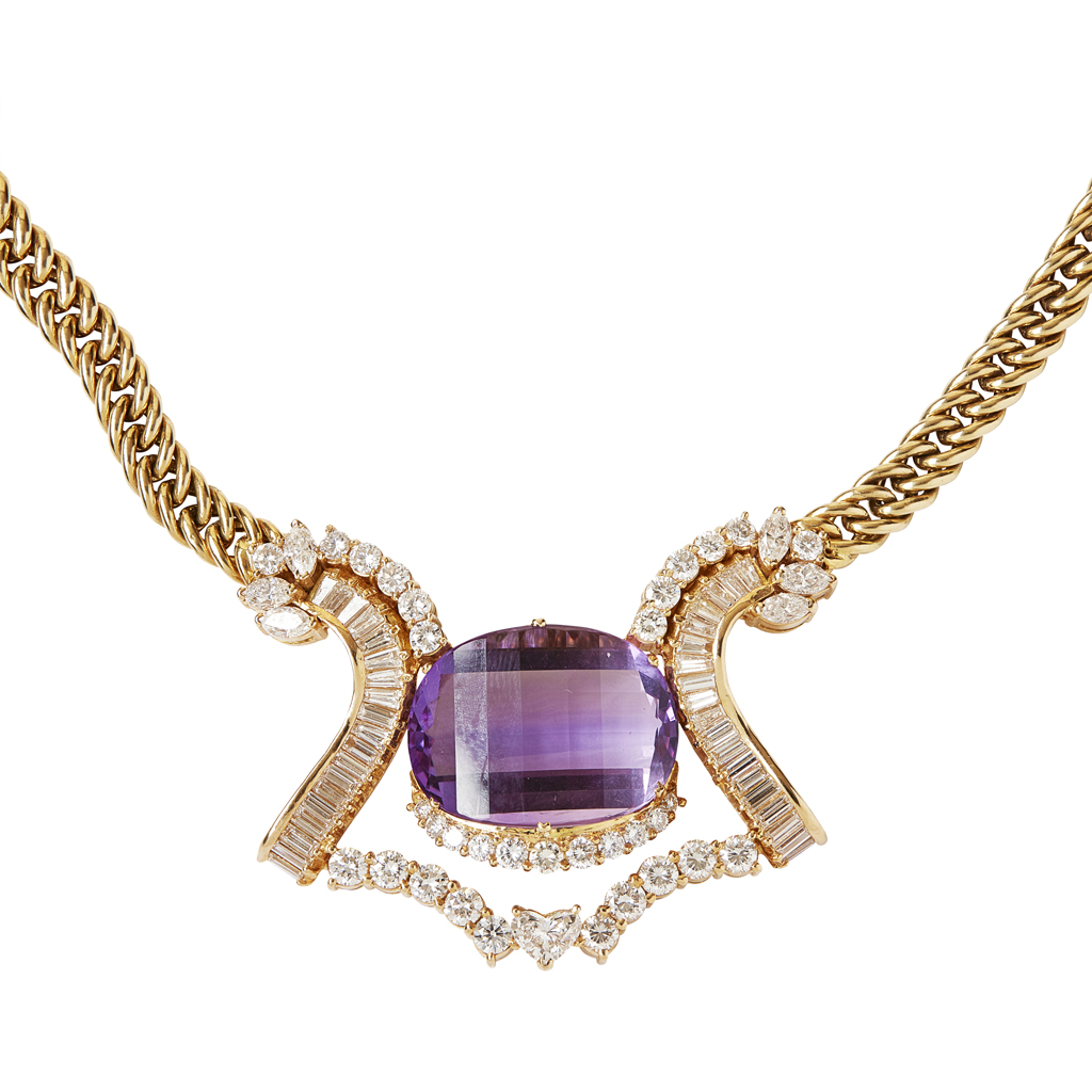 Appraisal: An amethyst and diamond necklaceclaw set with an oval mixed