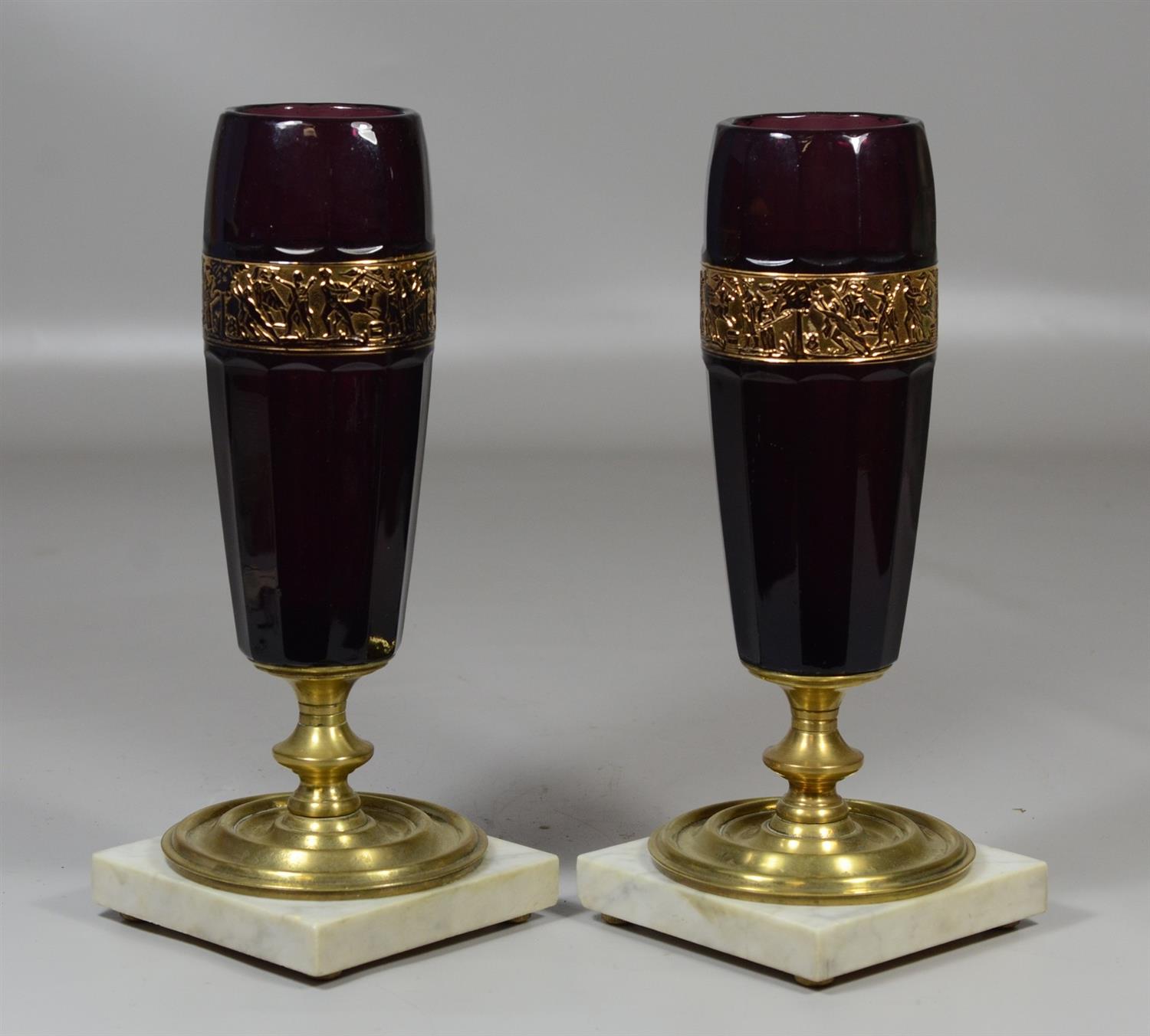 Appraisal: Pair of Moser-style amethyst glass vases with classical brass frieze