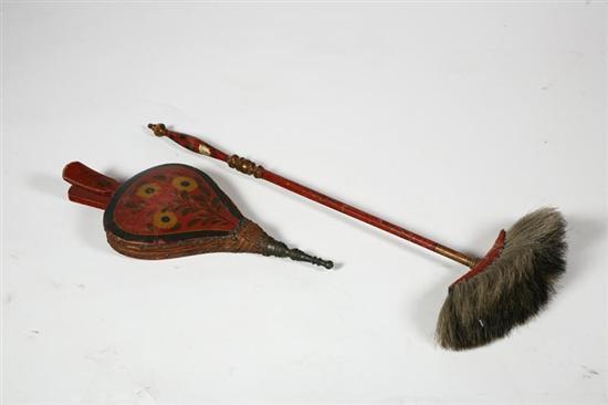 Appraisal: DECORATED BELLOWS AND HEARTH BROOM American th century soft wood