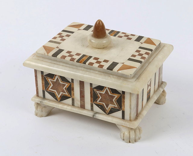 Appraisal: AN ALABASTER BOX AND COVER with geometric inlay on claw