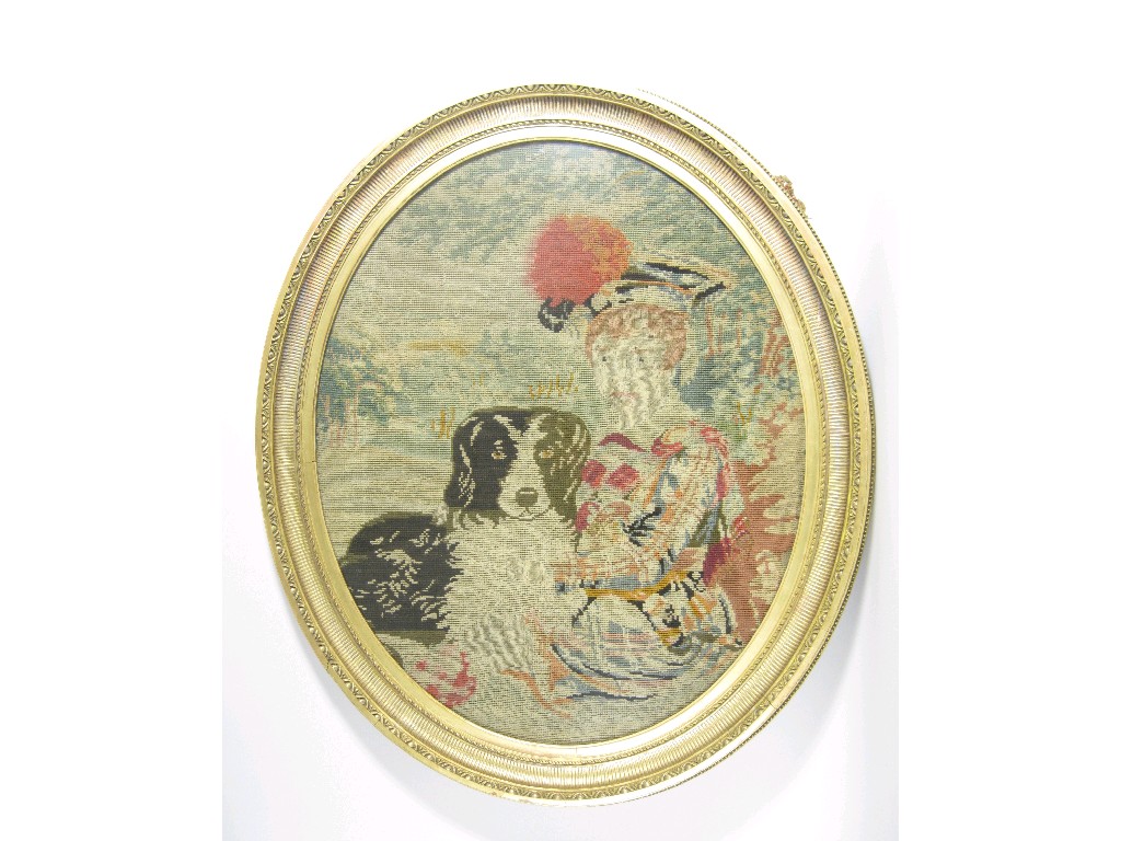 Appraisal: A Victorian woolwork oval Panel of Scottish Youth with dog