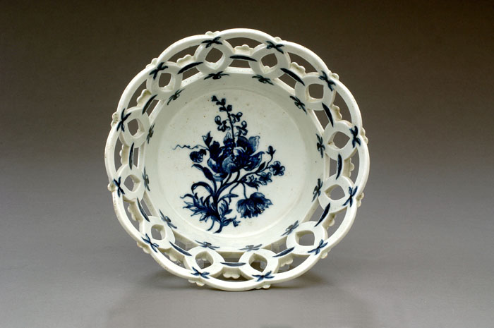 Appraisal: UNUSUAL WORCESTER PORCELAIN BLUE AND WHITE RETICULATED CIRCULAR BASKET CIRCA