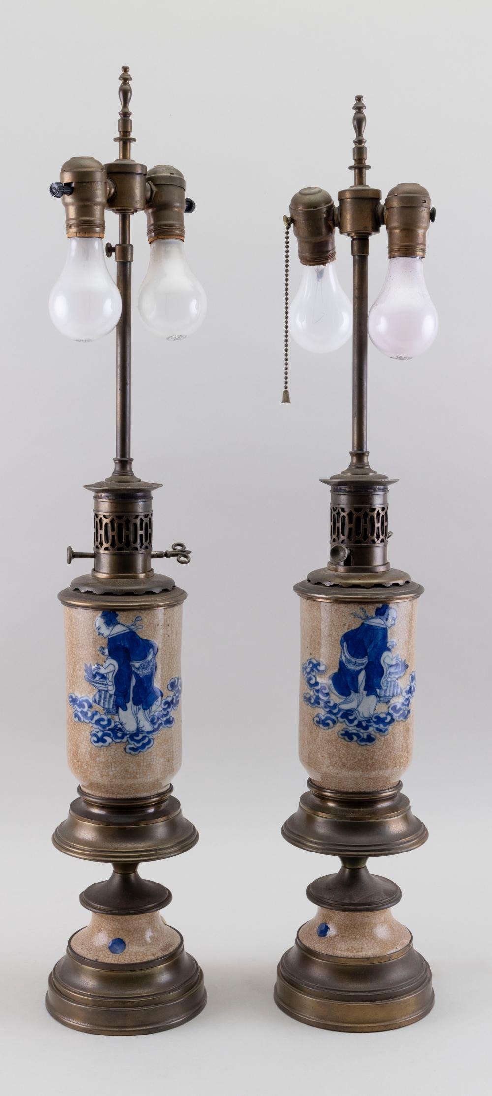 Appraisal: PAIR OF CHINESE BLUE AND WHITE ON CRACKLEWARE PORCELAIN LAMPS