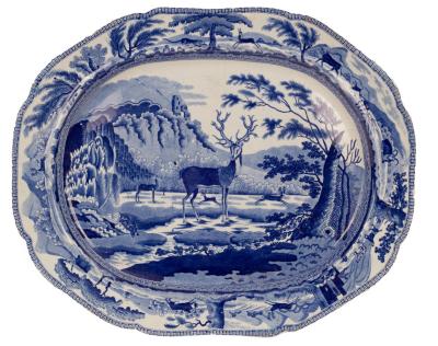 Appraisal: A blue and white Bewick Stag pattern meat plate probably