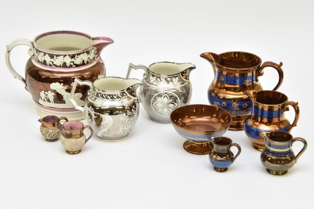 Appraisal: Collection of copper Lustre pitchers etc late th c Largest