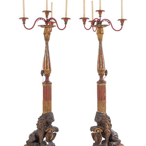 Appraisal: A Pair of Italian Painted and Parcel Gilt Four-Light Torch