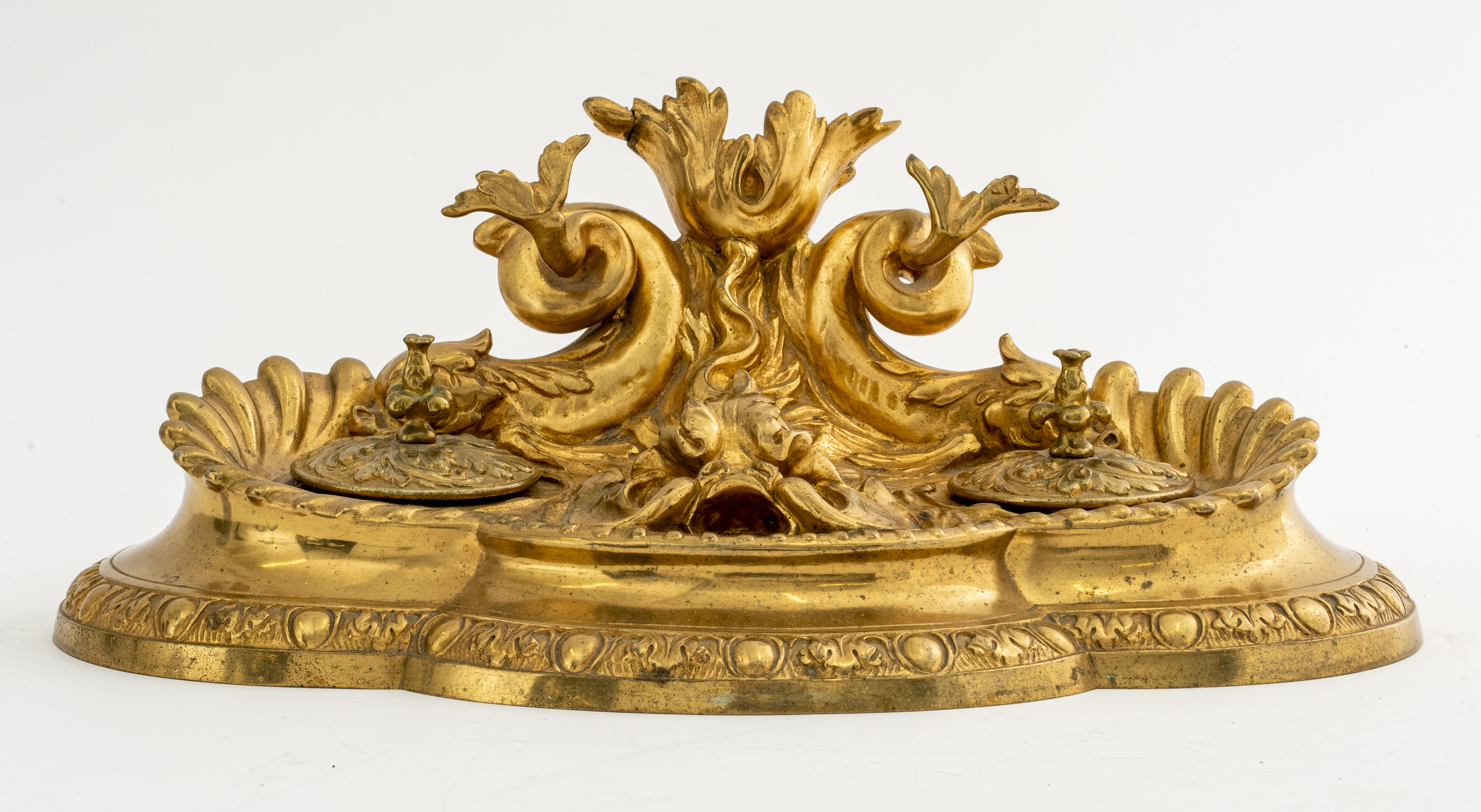 Appraisal: FRENCH BAROQUE REVIVAL ORMOLU DOLPHIN INKWELL French ormolu gilt brass