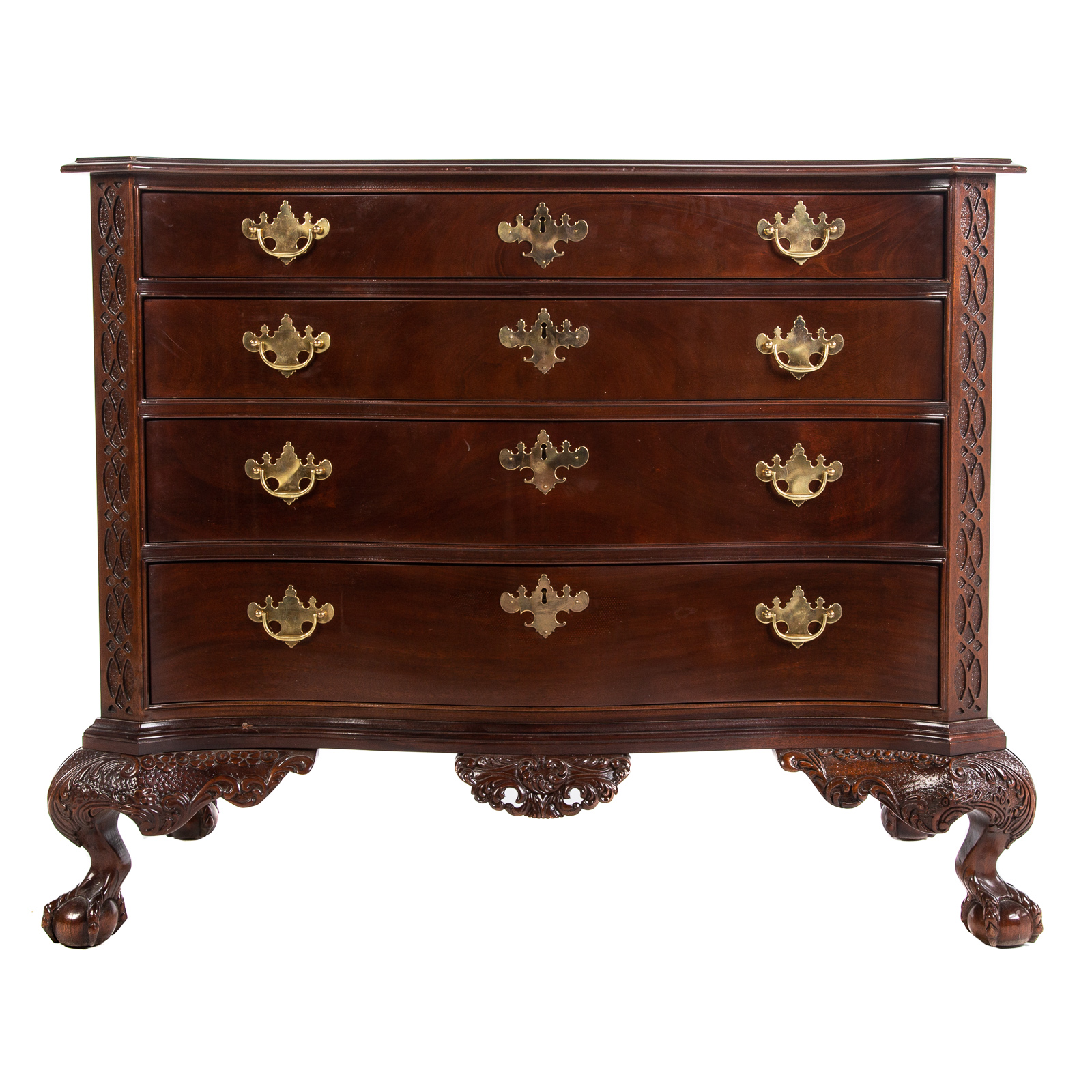 Appraisal: CENTURY MAHOGANY NEEDHAM SERPENTINE CHEST Georgian style elaborately carved shaped