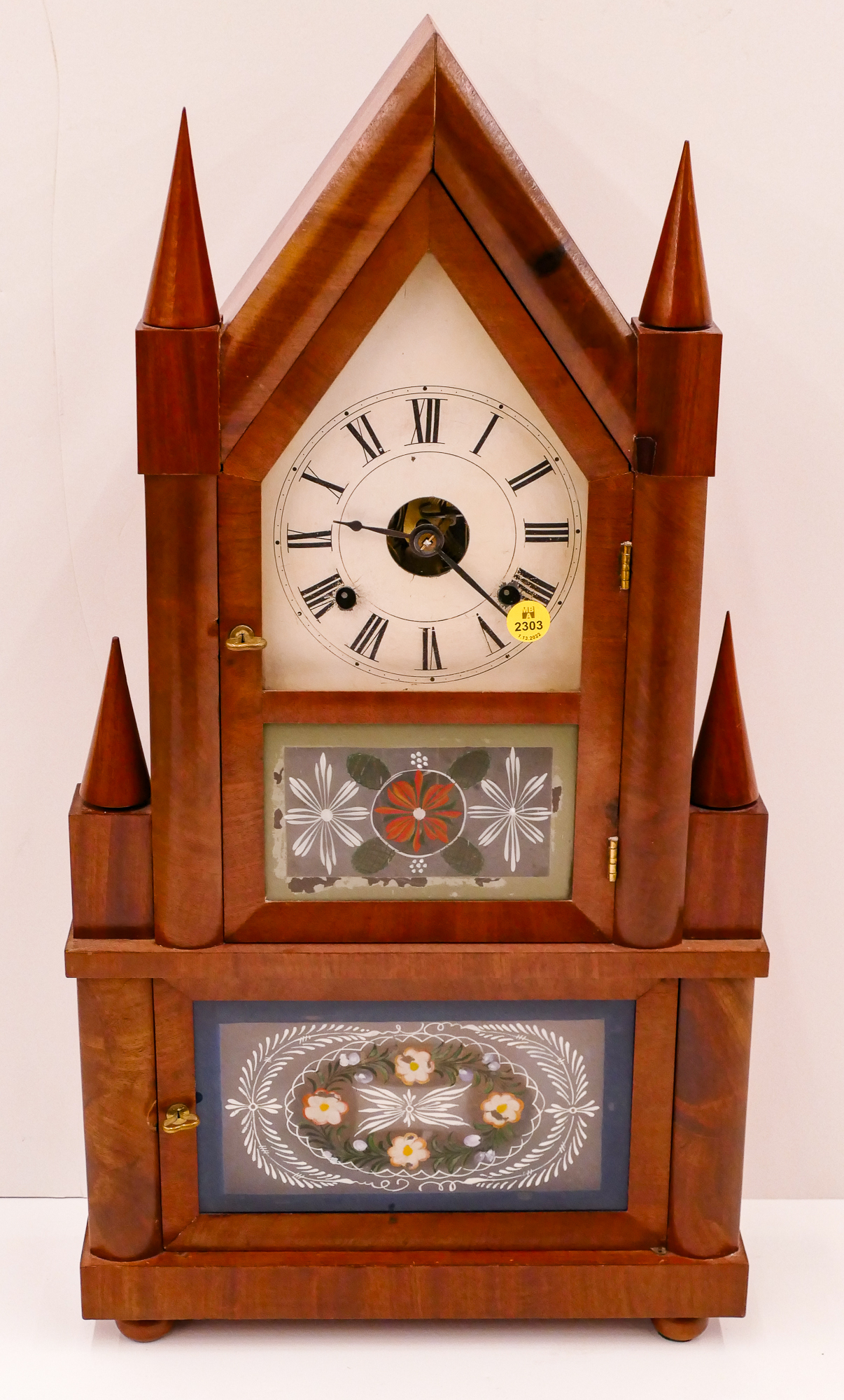 Appraisal: Antique Ibes Hour Reverse Painted Steeple Clock- x ''