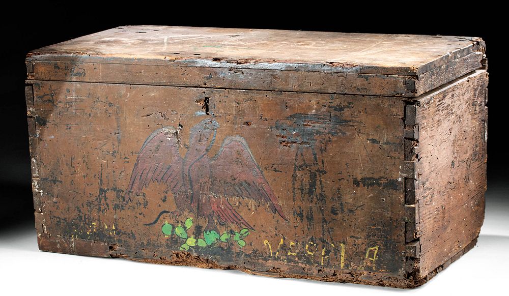 Appraisal: Rare th C Mexican Painted Wood Military Trunk Originally Listed