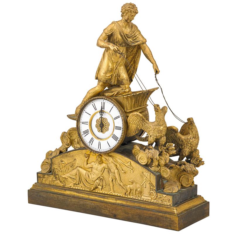 Appraisal: FRENCH BRONZE DORE CLOCK Rider and chariot drawn by birds