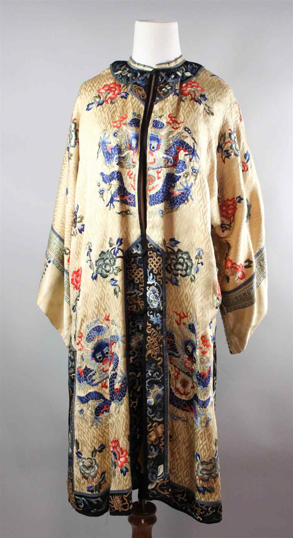 Appraisal: CHINESE SILK EMBROIDERED SATIN DAMASK ROBE of traditional form the