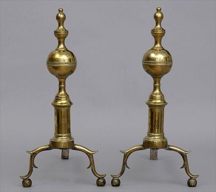 Appraisal: PAIR OF FEDERAL BRASS ANDIRONS Each cylindrical stem with ball