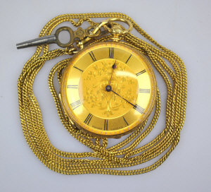 Appraisal: An hr Swiss fob watch with engraved gilt dial and